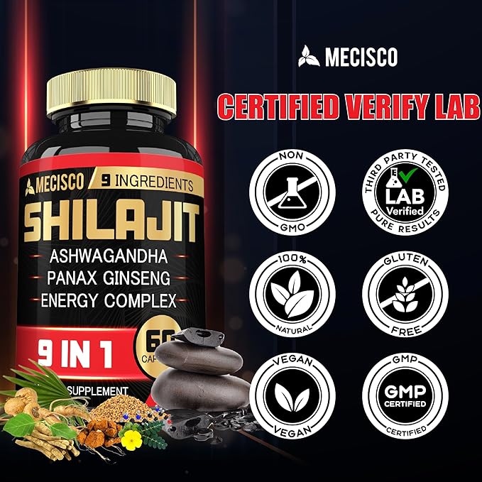 1000mg Shilajit Supplement with Ashwagandha Root, 60 Capsules