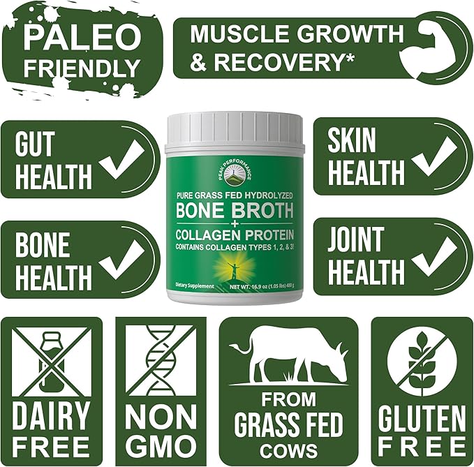 Peak Performance Hydrolyzed Bone Broth and Collagen Unflavored Protein Peptides Powder Contains All Collagen Types: 1, 2, and 3. Pure Pasture, Raised Grass Fed, Paleo Friendly, Gluten + Dairy Free