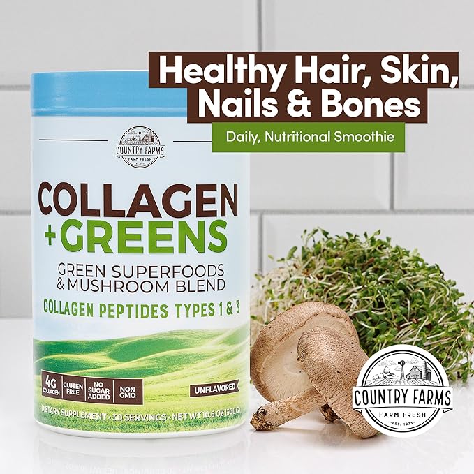COUNTRY FARMS Collagen Peptides Powder with Greens Dietary Powder Supplement (Type I, III) for Skin Hair Nail and Joints, Dairy/Gluten/Sugar Free, Energizing Superfoods, 21.2 Oz, 60 Servings