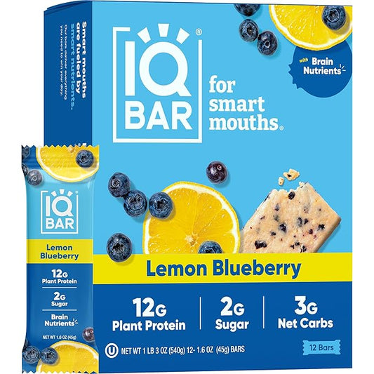 IQBAR Brain and Body Plant Protein Bars - Lemon Blueberry - 12-Count Low Carb - Gluten Free, High Fiber, Vegan Snacks - Low Sugar Meal Replacement