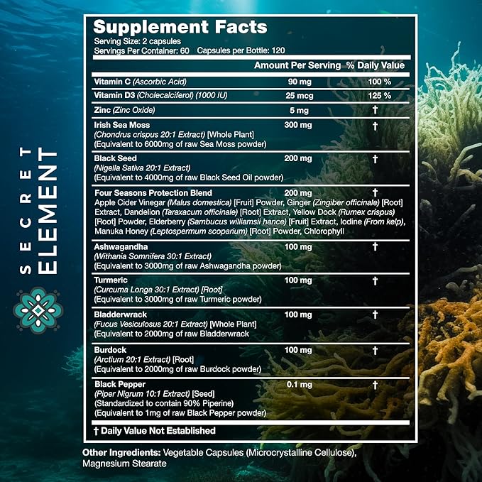 Irish Sea Moss Black Seed Oil Ashwagandha Ginger, 20,000mg Capsules, Seamoss Black Seed Oil Ashwagandha Burdock Root, Sea Moss and Ashwagandha, All in One Supplement, 120 Sea Moss Capsules