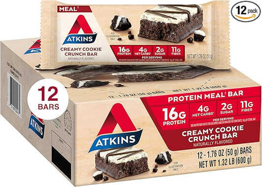 Atkins Creamy Cookie Crunch Meal Bars, 16g Protein, 11g Fiber, 2g Sugar, 4g Net Carbs, Low Carb, 12 Count