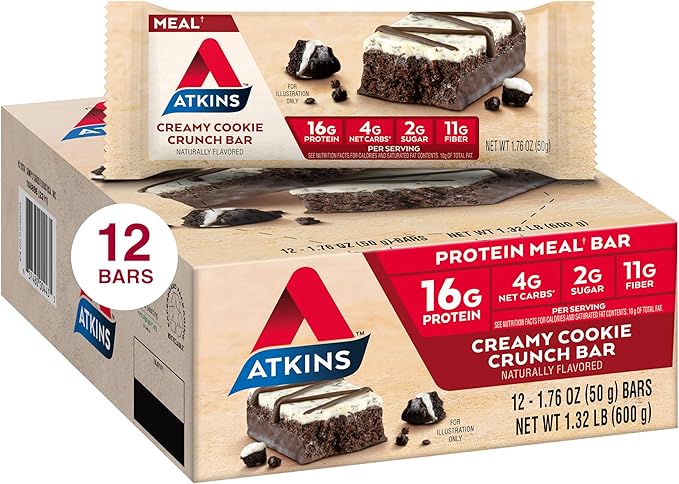 Atkins Creamy Cookie Crunch Meal Bars, 16g Protein, 12 Count & Chocolate Chip Granola Protein Meal Bar, 17g Protein, 12 Count