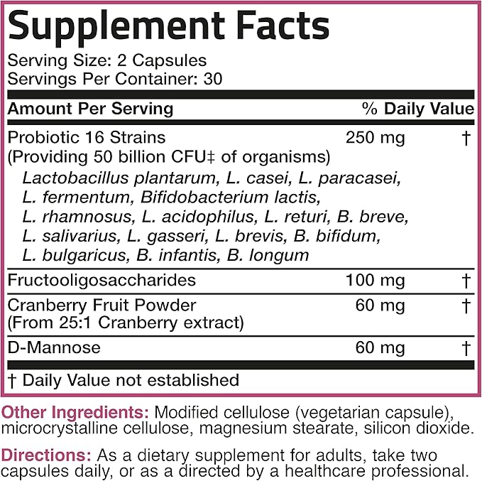 Bronson Women's Probiotic 50 Billion CFU + Prebiotic with Cranberry & D-Mannose – Vaginal Health, Healthy Digestion, Immune Function and Urinary Tract Support, Non-GMO, 60 Vegetarian Capsules