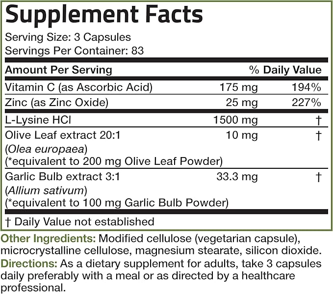 Bronson L-Lysine Defense Immune Support Complex 1500 MG 250 Vegetarian