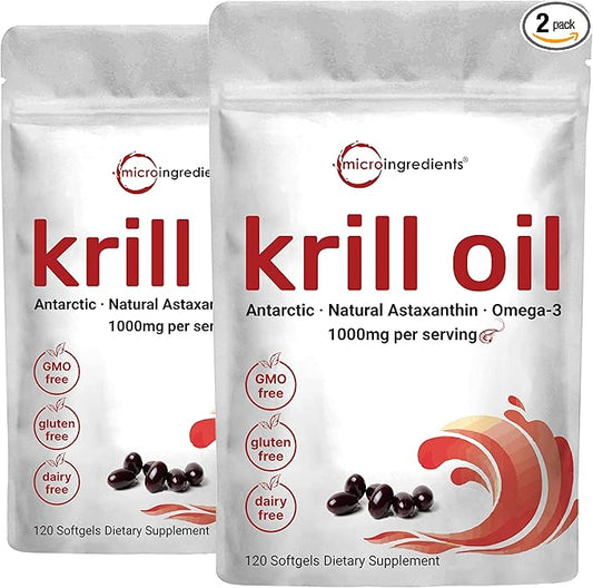 2 Pack Antarctic Krill Oil Supplement, 1000mg Per 120 Soft-Gels Omega-3s, EPA,