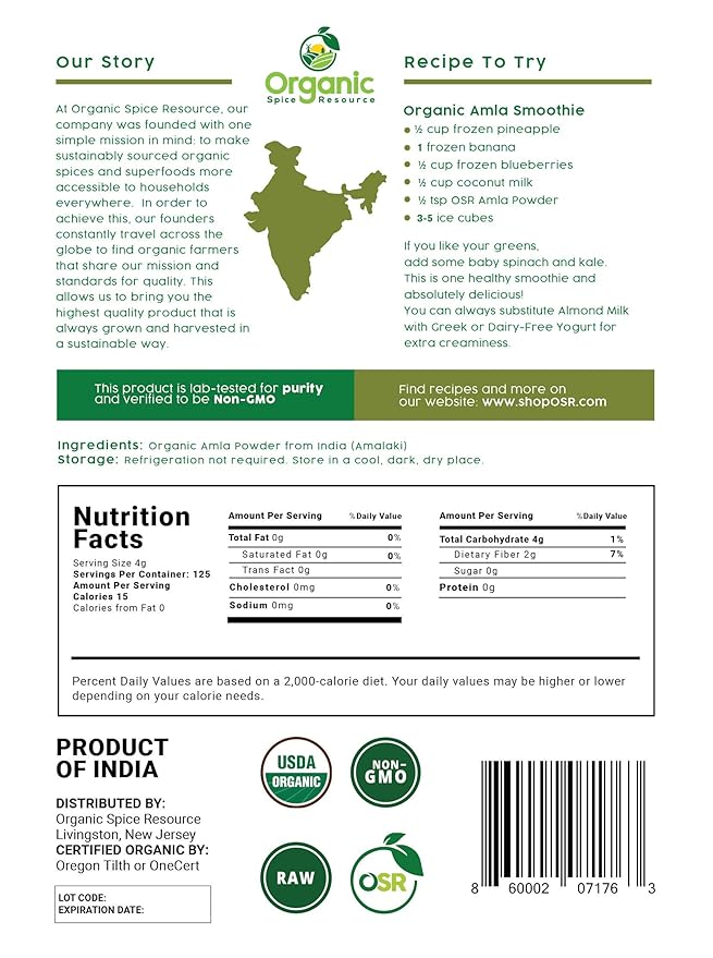 Organic Amla Powder 1.10 lbs (17.64 oz) 100% Raw