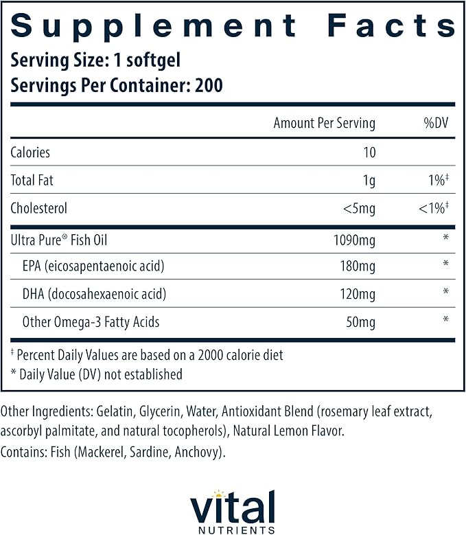 Vital Nutrients Ultra Pure® Fish Oil 350 Omega-3 Fatty 200 Softgels