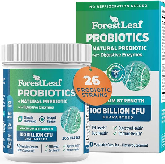 ForestLeaf Clinically Studied Probiotics 100 Billion CFU, 26 Strains with Organic Prebiotic Blend & Digestive Enzymes - Probiotic Prebiotic for Men & Women - Probiotics Digestive Health (30 Capsules)