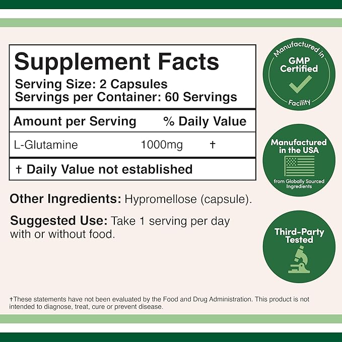 L Glutamine Capsules (1000mg Servings, 120 Capsules)