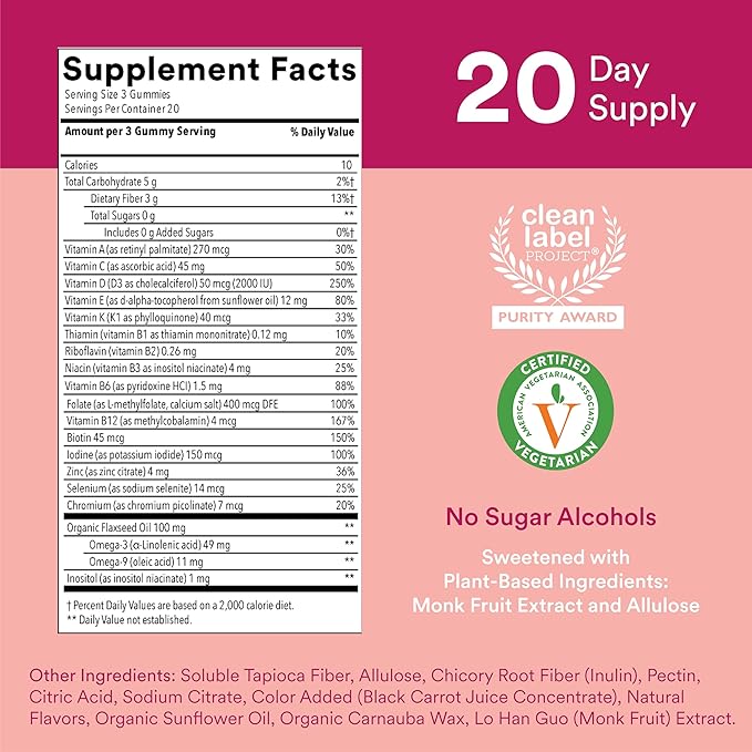 SmartyPants Women's Multivitamin Gummies, Sugar Free: 3 (ALA), D3, C, B12, B6, B6, Vitamin 60 Count (20 Day