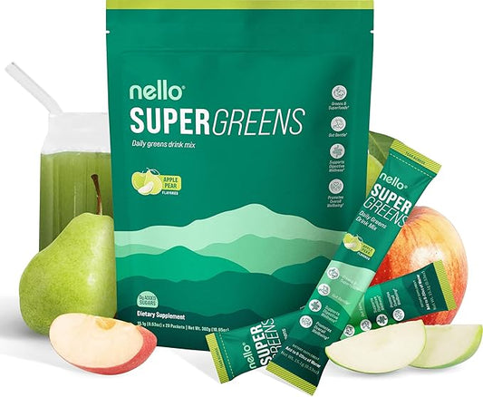 Nello Supergreens Premium Superfood Greens Drink Mix w/Chlorella, Moringa, Spinach & Broccoli + Digestive Enzymes & Probiotic Blend -Nutrient-Packed Powder Wellness (Apple Pear, 20 SRV, Travel Pack)