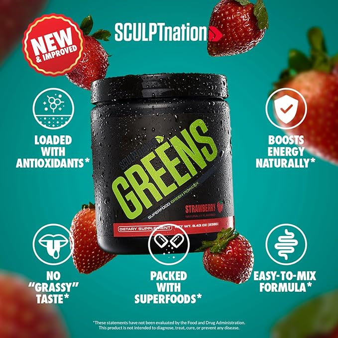 Sculpt Nation by V Shred Greens Strawberry - Premium Greens Powder & Superfood Blend with Collagen to Support Skin, Digestion, and Energy - 30-Day Supply
