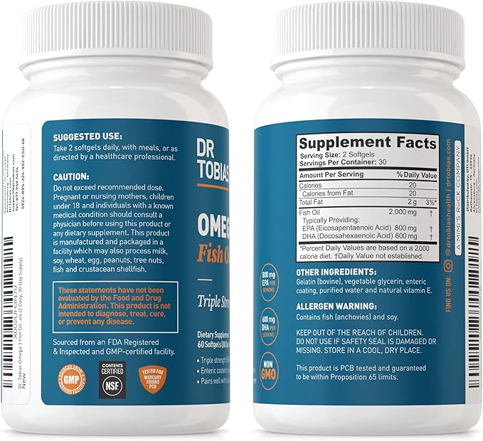 Dr. Tobias Omega 3 Fish Oil, 2000mg Triple 3 Supplement 800mg EPA 600mg DHA 3 Supplements 60 Softgels, 30 Servings