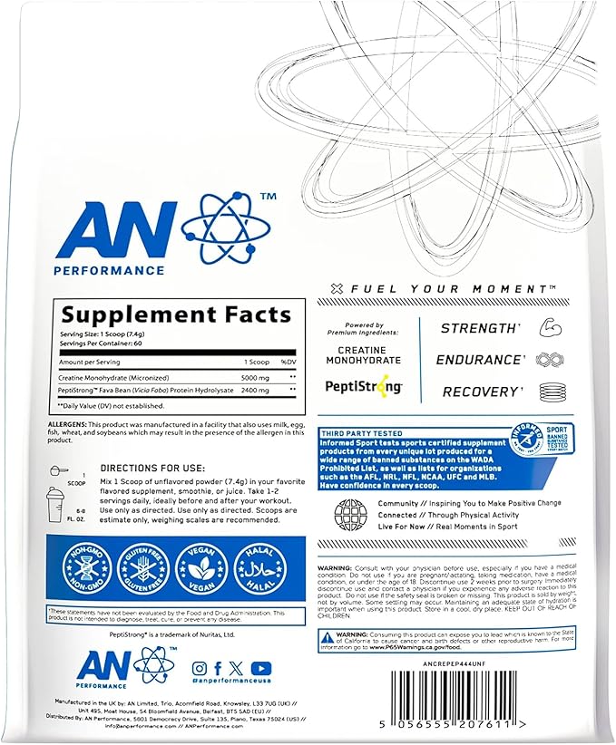 AN Performance Creatine + Peptide | Unflavored | 5g Creatine Monohydrate, 2.4g PeptiStrong | Gluten-Free, Low Carb, Low Fat | Keto Friendly | 60 Servings