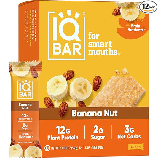 IQBAR Brain and Body Plant Protein Bars - Banana Nut - 12-Count Low Carb - Gluten Free, High Fiber, Vegan Snacks - Low Sugar Meal Replacement
