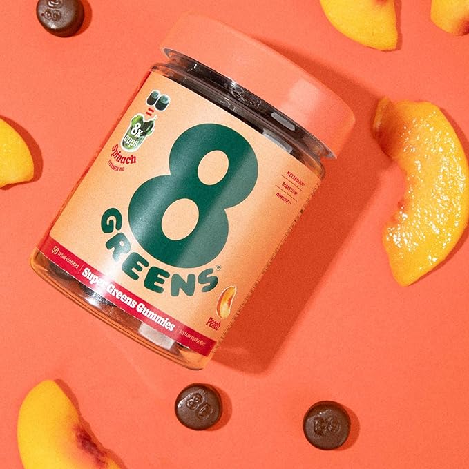 8Greens Supergreens Gummies | Super Greens Powder Superfood Gummy for Metabolism, Immunity & Focus, Digestive Health Enzymes, Organic: Chlorella, Spirulina, Aloe Vera, Peach Flavor, 150 Count