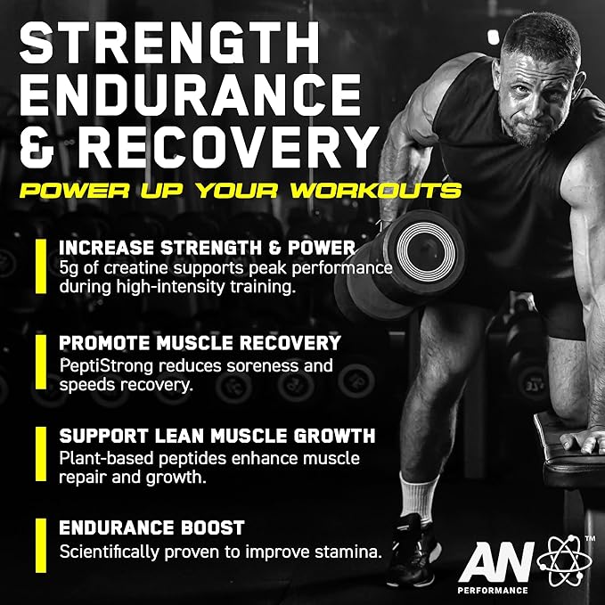 AN Performance Creatine + Peptide | Unflavored | 5g Creatine Monohydrate, 2.4g PeptiStrong | Gluten-Free, Low Carb, Low Fat | Keto Friendly | 60 Servings