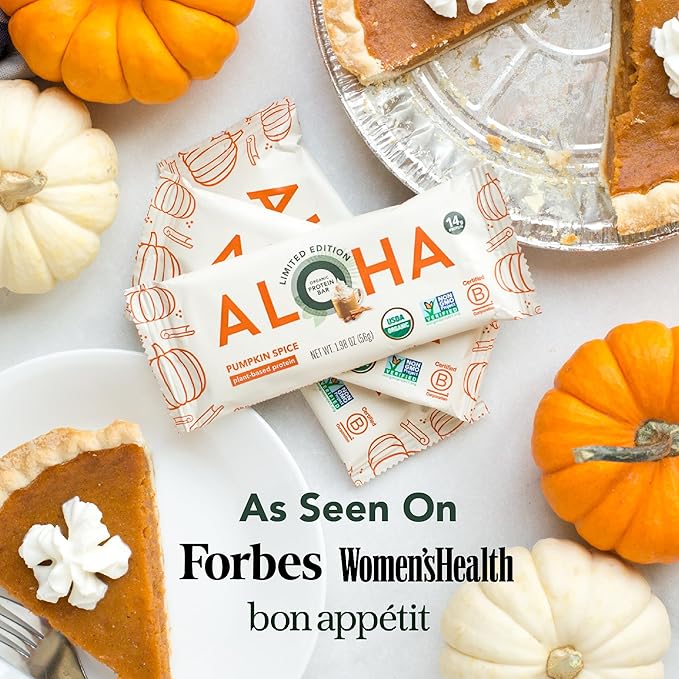 ALOHA Organic Plant Based Protein Bars - Pumpkin Spice, Vegan, Low Sugar, Gluten-Free, Low Carb, Non-GMO, No Stevia, No Erythritol - LIMITED EDITION, 12 Count (Pack of 1)
