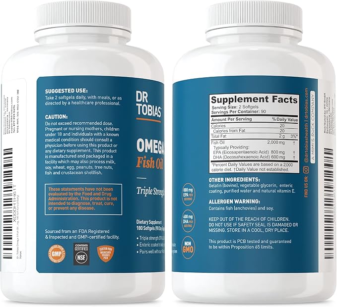Dr. Tobias Omega 3 Fish Oil, 2000mg Triple 3 Supplement 800mg EPA 600mg DHA 3 Supplements 180 Softgels, 90 Servings