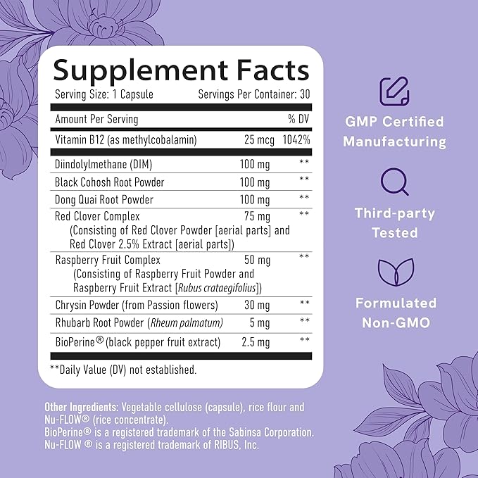 Menopause Supplement for Women Hot Flashes & Night Sweats | Hormone Balance, Menopause Relief for Women & Perimenopause Support | with Black Cohosh, DIM & Red Clover | Third-Party Tested | 30 Ct
