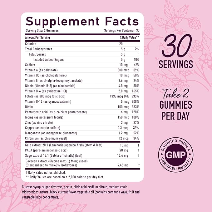 Menopause Support Gummies | Hormone Balance Relief for Hot Flashes, Night Sweats, Mood Swings, & Bloating | with Phytoestrogen Soy, Vitamin D3, PABA, Biotin | Vegetarian, Gluten-Free | 60 Count