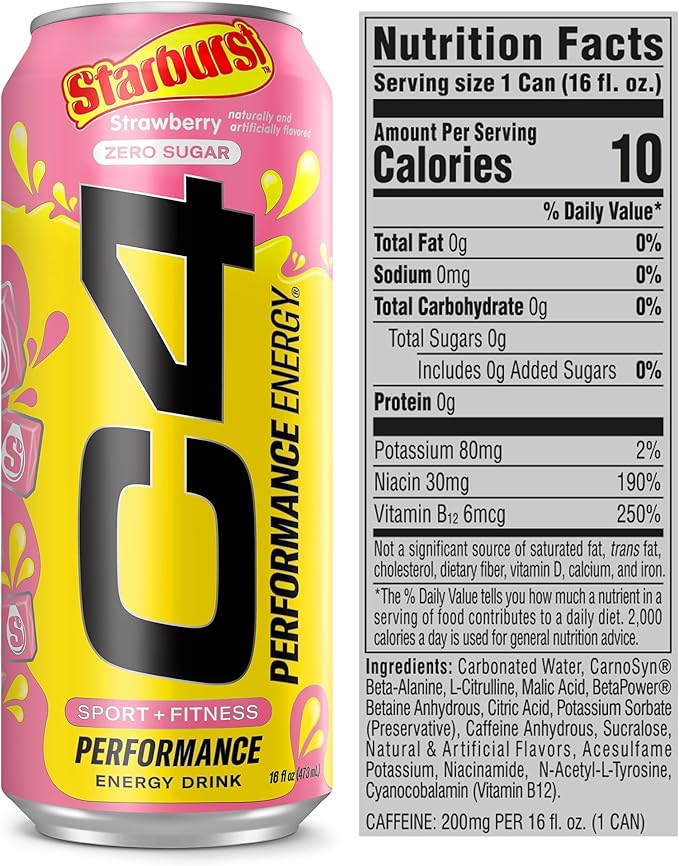 Cellucor C4 Performance Energy Drink | STARBURST Strawberry | Zero Sugar Carbonated Preworkout Energy | 200mg Caffeine with Beta Alanine | 16 Fl Oz (12 Pack)