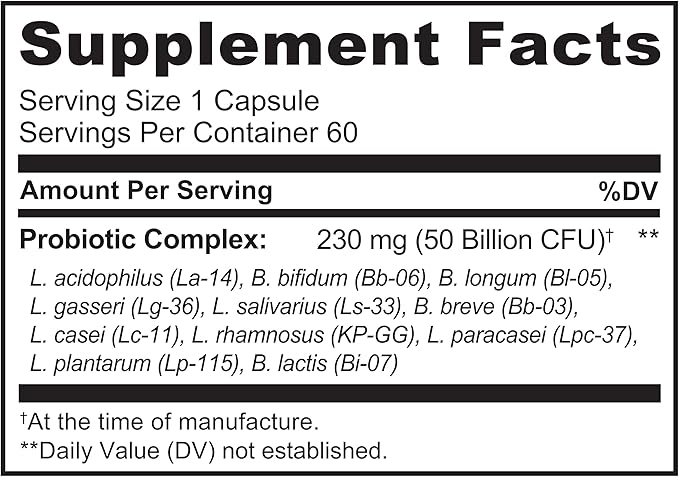 NATURELO Probiotics for Digestive Health 50 Billion 11 Strains 60 Vegetarian