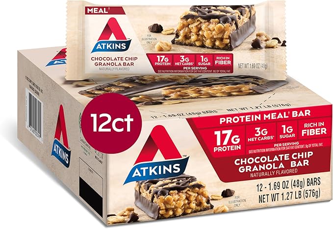 Atkins Creamy Cookie Crunch Meal Bars, 16g Protein, 12 Count & Chocolate Chip Granola Protein Meal Bar, 17g Protein, 12 Count
