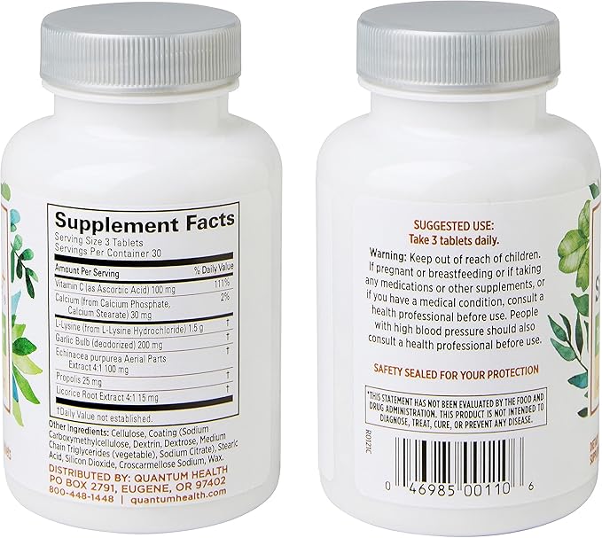 Quantum Health Super Lysine+ / Advanced Formula Lysine+ Immune Support with Vitamin C, Echinacea, Licorice, Propolis, Odorless Garlic (90 Tablets)