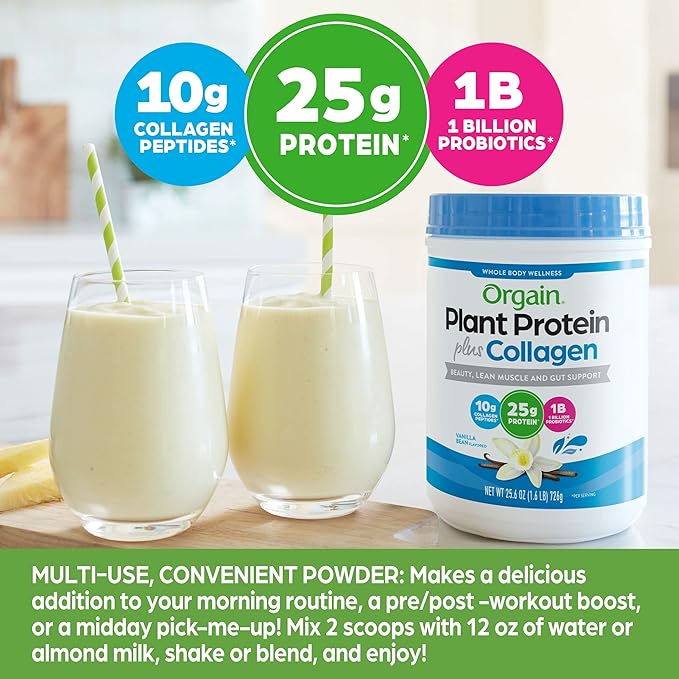 Orgain Protein Powder + Collagen, Vanilla Bean 25g of 10g Collagen 1B CFU 1.6lb