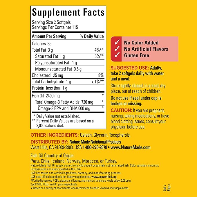 Nature Made Fish Oil 1200 mg 3 Fish 3 Supplement 230 Softgels, 115 Day