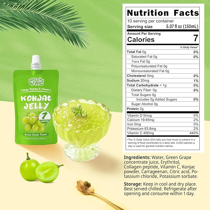 Konjac Jelly Pouch with Collagen Peptides, Low Calories (7 Kcal), Green Grape Flavor, 10 Packs, Gluten Free, Zero Sugar, Keto, Drinkable Vitamin C Sweet Healthy Fruit Snacks Gifts