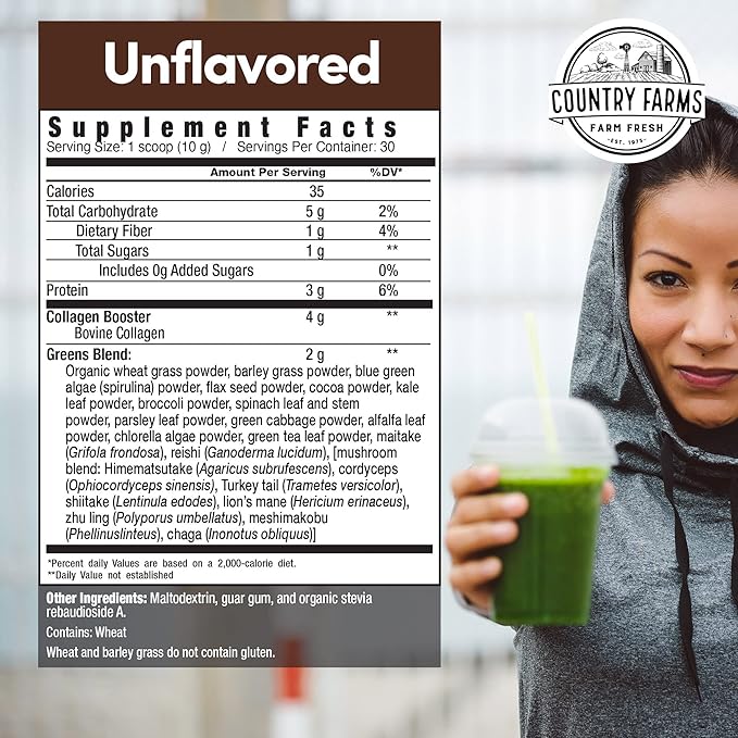 COUNTRY FARMS Collagen Peptides Powder with Greens Dietary Powder Supplement (Type I, III) for Skin Hair Nail and Joints, Dairy/Gluten/Sugar Free, Energizing Superfoods, 21.2 Oz, 60 Servings