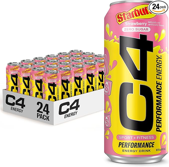 Cellucor C4 Energy Drink, STARBURST Strawberry, Carbonated Sugar Free Pre Workout Performance Drink with no Artificial Colors or Dyes, Pack of 24