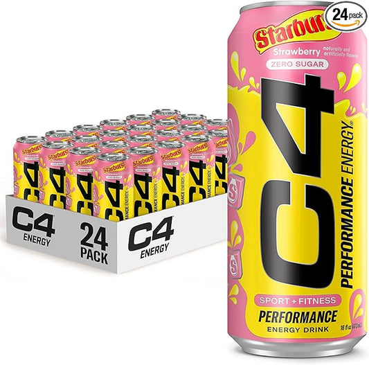 Cellucor C4 Energy Drink, STARBURST Strawberry, Carbonated Sugar Free Pre Workout Performance Drink with no Artificial Colors or Dyes, Pack of 24