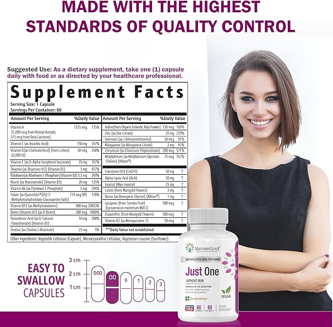 Just One Daily Methylated Multivitamin 60 Caps B12, Methylfolate 2 Months