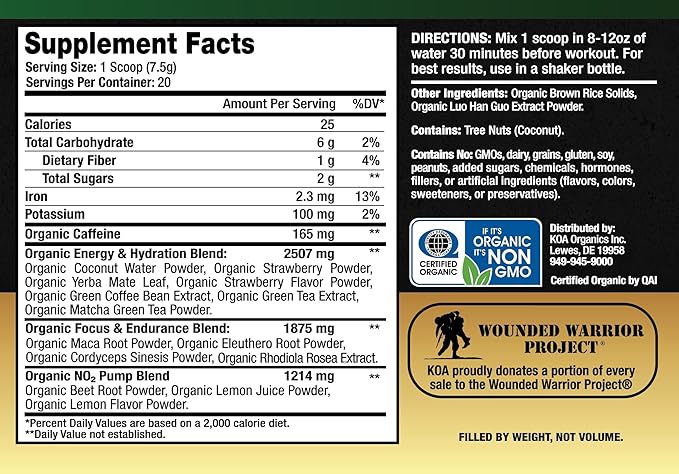 KOA Organics- USDA Organic Pre Workout w/165mg Organic 150g