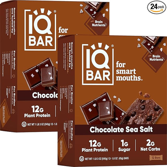 IQBAR Brain and Body Plant Protein Bars - Chocolate Sea Salt - 24-Count Low Carb - Gluten Free, High Fiber, Vegan Snacks - Low Sugar Meal Replacement