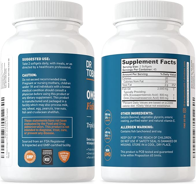 Dr. Tobias Omega 3 Fish Oil, 2000mg Triple 3 Supplement 800mg EPA 600mg DHA 3 Supplements 90 Softgels, 45 Servings