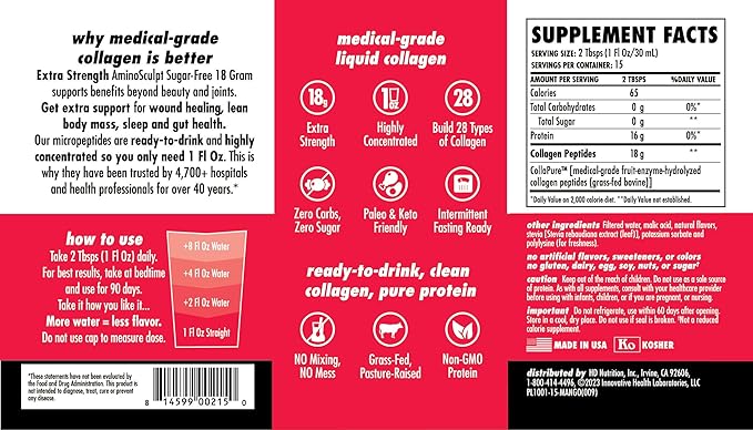 Health Direct AminoSculpt Sugar-Free Collagen Supplement - High Potency Medical-Grade Protein for Hair, Skin, Nails & Joints, Grass-Fed, Non-GMO, Liquid Collagen - Smooth Mango - 15 Fl Oz