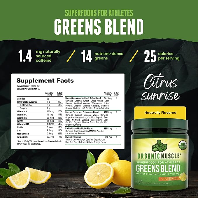 Organic Muscle Super Greens Powder Organic Superfood Powder with Probiotics, Spirulina, Chlorella, and Matcha| Non-GMO, 30 Servings