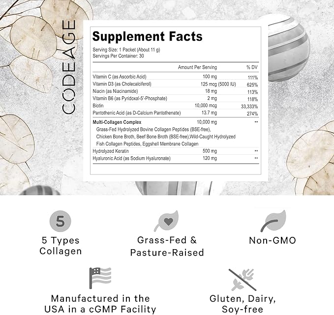Codeage Multi Collagen and Biotin 10,000 B6 & D3, Keratin, 18 Amino 5 Types 30 Powder