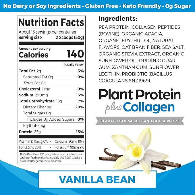 Orgain Protein Powder + Collagen, Vanilla Bean 25g of 10g Collagen 1B CFU 1.6lb