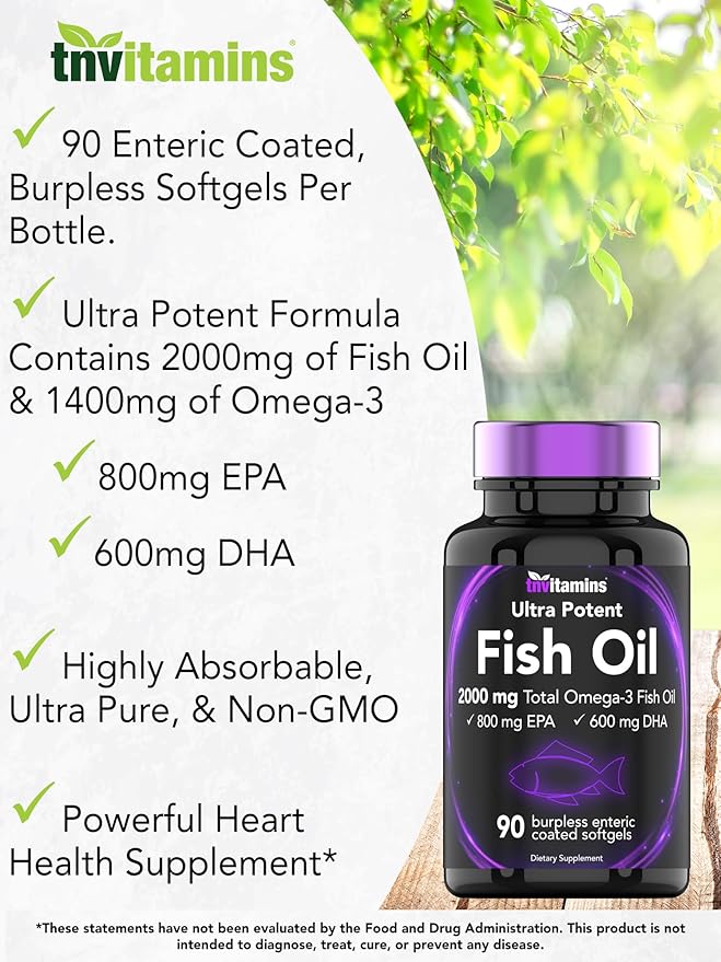 Burpless Omega-3 Fish Oil: 2000mg x 90 Softgels 1400mg Total Omega-3 Fatty (800mg EPA 600mg DHA)