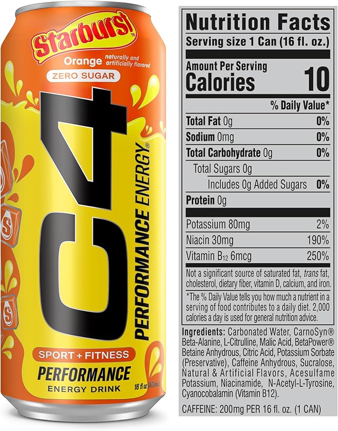 Cellucor C4 Performance Energy Drink | STARBURST Orange | Zero Sugar Carbonated Preworkout Energy | 200mg Caffeine with Beta Alanine | 16 Fl Oz (12 Pack)