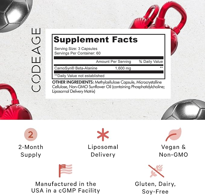 Codeage Liposomal Beta-Alanine Supplement, CarnoSyn Beta 1600 mg, 2-Month Supply, 180 Capsules