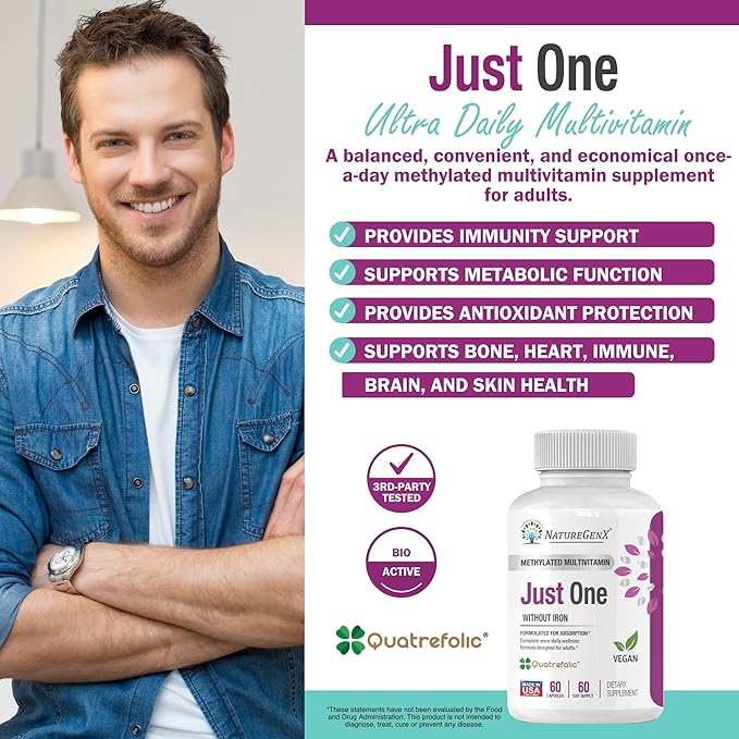 Just One Daily Methylated Multivitamin 60 Caps B12, Methylfolate 2 Months