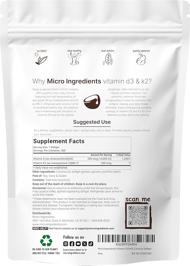 2 Pack Vitamin D3 10000 iu K2 (MK-7) (MK-7) 200 200 mcg, 300 Virgin 2 in 1 Vitamins