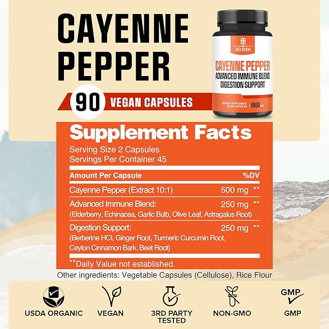 1000mg Cayenne Pepper Capsules with Elderberry, 90 Veggie